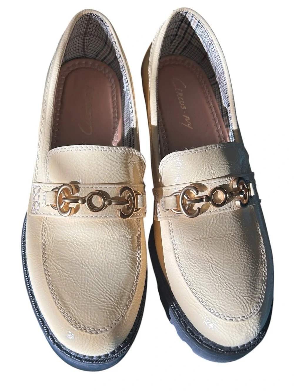Sam Edelman Circus NY Classic Cream Lug Loafers with Gold Horse Bit Accent 8 1/2